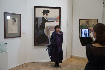 Saint-Petersburg, Russia - February 24, 2016: Hall of the Russian Museum, where paintings by famous Russian theater artist Leon Bakst, working in Paris with Diaghilev in the first half of the 20th century.のeditorial素材