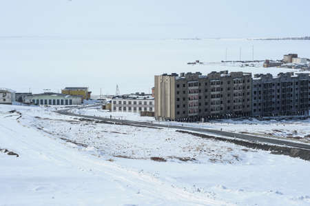 Pevek Chukotka, Russia - April 27, 2015: View of the residential area of the northern city of Russia. Sunny day, panoramic view from the toproad, bypass,のeditorial素材