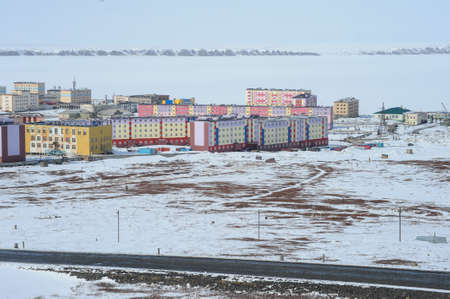 Pevek Chukotka, Russia - April 27, 2015: View of the residential area of the northern city of Russia. Sunny day, panoramic view from the toproad, bypass,のeditorial素材