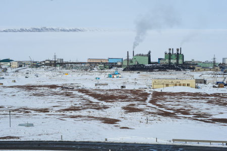 Pevek Chukotka, Russia - April 27, 2015: View of the industrial plant of the northern city. View from above.road, bypass,のeditorial素材
