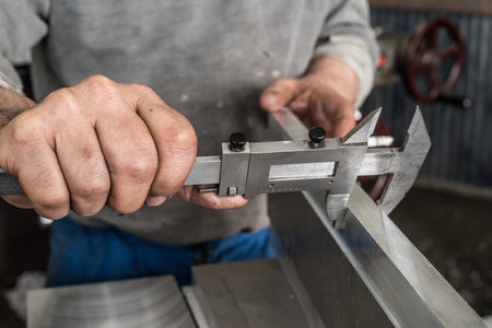Control the size of the metal parts with a caliper measuring device. Shop metalworking plant.の写真素材