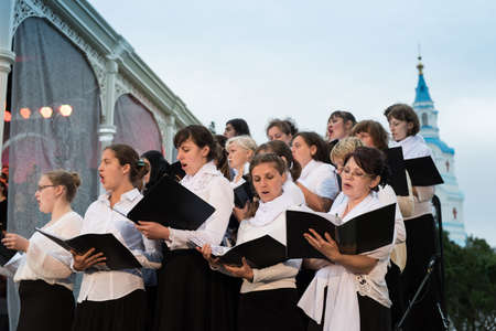 Valaam Island, Russia - July 28, 2015: First St. Vladimir Valaam Festival "Illuminator" of the Orthodox singing. Public free access for all comers. Orthodox choir is singingのeditorial素材