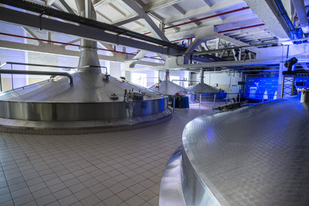 Saint-Petersburg, Russia - March 1, 2016: Brewhouse for beer and soft drinks plant. Vats and beverage containers.のeditorial素材