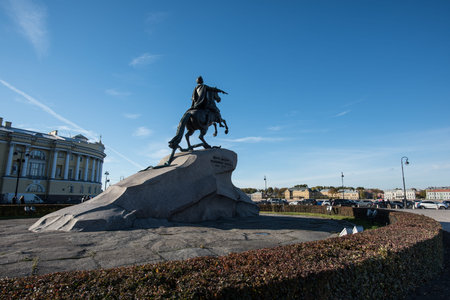 Saint-Petersburg, Russia - October 15, 2015: The Bronze Horseman - the most famous monument of Emperor Peter Peter is a masterpiece of the world's monumental art made by sculptor Falcone in 1766 in the capital of the Russian Empire. Located at Senate Squaのeditorial素材