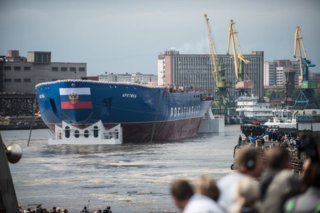 Saint-Petersburg, Russia - June 16, 2016: In the Baltic factory officially launched the largest head-nuclear icebreaker "Arktika"のeditorial素材
