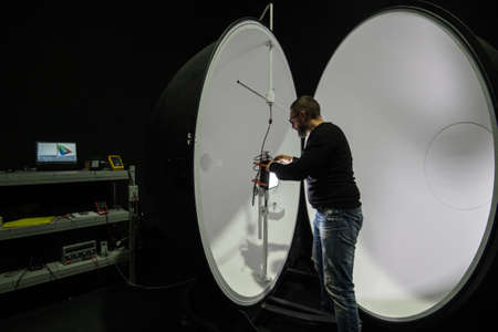 Saint-Petersburg, Russia - November 30, 2016: Integrating sphere photometer ball in the enterprise laboratories for the study of the characteristics of light and technical devicesのeditorial素材