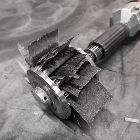 Industrial sanding drill with a sanding disc and sandpaper lies on a metal frame.