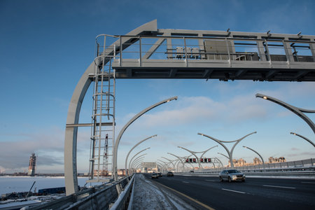 Saint-Petersburg, Russia - December 4, 2016: Open high-speed highway connected the districts of the city the Western High-Speed Diameter-site under construction stadium, where in 2018 will be held the World Cup.のeditorial素材