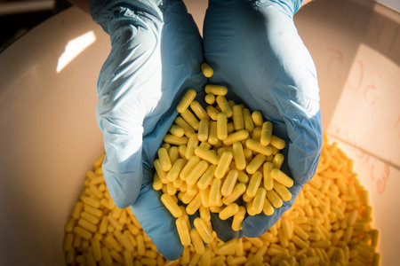 Handful of yellow medical capsules in the hands of a pharmacist on proizvodtsvennoy line...