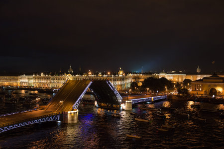 Saint-Petersburg, Russia - July 16, 2016: Aerial view of the Palace Bridge and the Hermitage at nightのeditorial素材