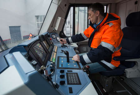 Saint-Petersburg, Russia - December 21, 2016: The dashboard's cabin modern high-speed electric locomotive EP-20, driver controls the electric locomotiveのeditorial素材
