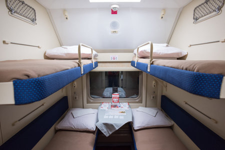 Saint-Petersburg, Russia - February 1, 2015: a train compartment, following the route St. Petersburg-Moscow without passengers.のeditorial素材