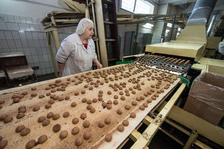 Leningrad region, Russia - February 14, 2017: The production line of confectionery factory "Beloved Land". Cookies on the assembly line.のeditorial素材