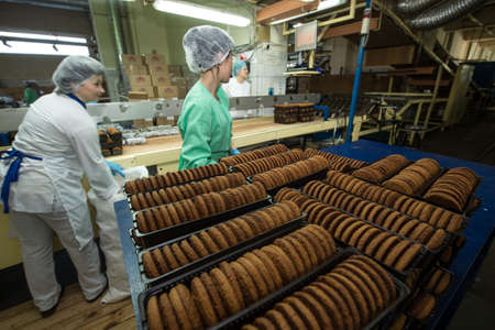 Leningrad region, Russia - February 14, 2017: The production line of confectionery factory "Beloved Land". Cookies on the assembly line.のeditorial素材