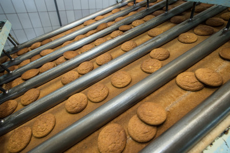Conveyor with cookies. many sweet cake food factory massive productionの写真素材