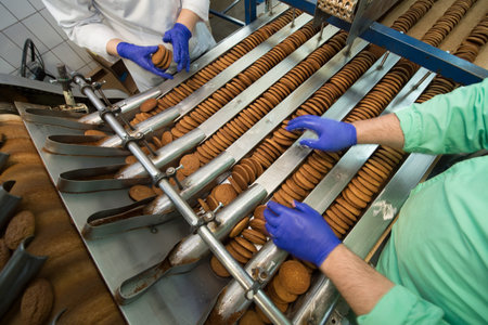 Conveyor with cookies. many sweet cake food factory massive productionの写真素材