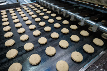 Conveyor with cookies. many sweet cake food factory massive productionの写真素材