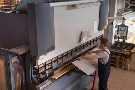 Otradnoe of Leningrad region, Russia - February 14, 2017: The plant "Geser"  produces marine equipment. Manufacture and assembly of metallic sandwich panels for shipsのeditorial素材