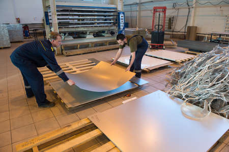 Otradnoe of Leningrad region, Russia - February 14, 2017: The plant "Geser"  produces marine equipment. Manufacture and assembly of metallic sandwich panels for shipsのeditorial素材