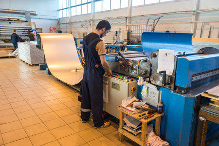 Otradnoe of Leningrad region, Russia - February 14, 2017: The plant "Geser"  produces marine equipment. Manufacture and assembly of metallic sandwich panels for shipsのeditorial素材