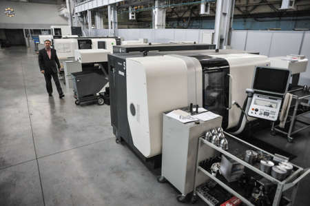 St. Petersburg, Russia - February 13, 2010: The Armalit factory produces ship armature for shipbuilding companies. Modern CNC machinesのeditorial素材