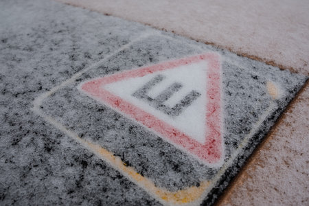 Car sticker on the rear snow-covered glass of the car warning drivers that the car is fitted with wheels with studded rubberの写真素材