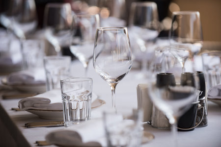 In the restaurant there are wine glasses in the , cutlery, napkins and other items for food,...