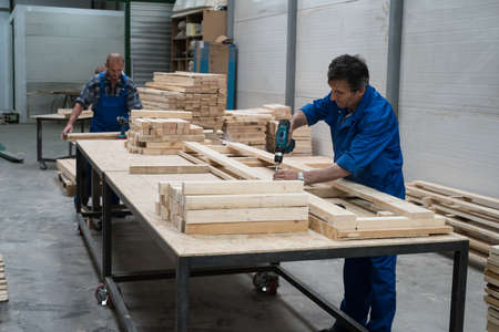 St. Petersburg, Russia - June 29, 2016: Two carpenters make boxes for storage and transportation of furniture. Automatic screwdriver in the hands of a manのeditorial素材