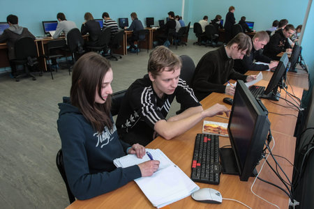 St. Petersburg, Russia - February 16, 2012: Students of the electrical engineering college after...