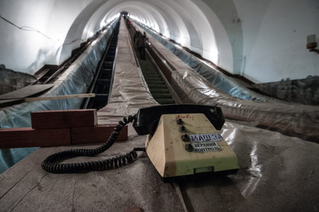 St. Petersburg, Russia - March 15, 2016: Repair of the underground escalator. General view of the inclined subway shaftのeditorial素材