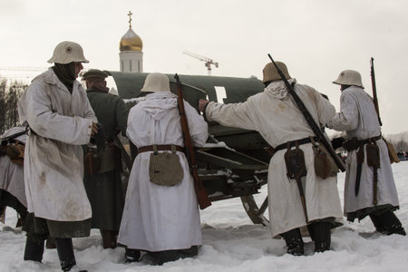 St. Petersburg, Russia - February 23, 2018: reconstruction of the battle of the times of the First...