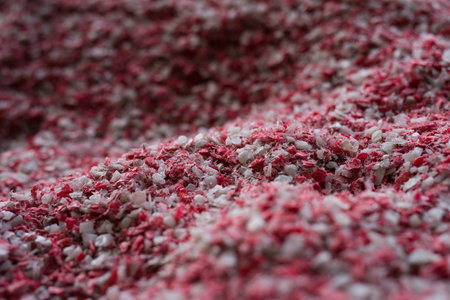 Plastic colored granulated crumb at the plant for processing and casting products from domestic and...
