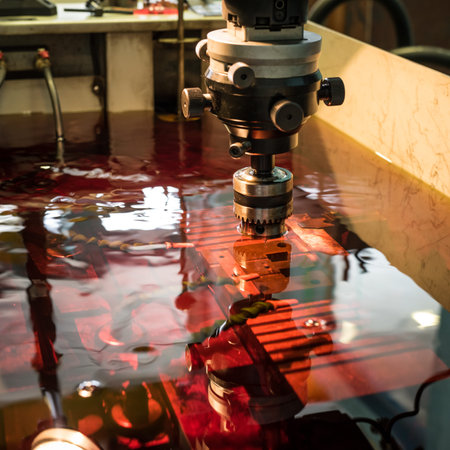 Electroerosive treatment of metallic form in a cooling dielectric liquid of red color. Manufacturing...