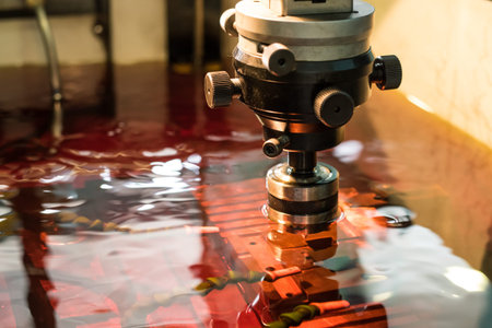 Electroerosive treatment of metallic form in a cooling dielectric liquid of red color. Manufacturing...