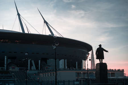 St. Petersburg, Russia - April 12, 2018: Zenit Arena Stadium in June 2018 will host matches of the World Cup. Sculpture of the Soviet leader Kirovのeditorial素材