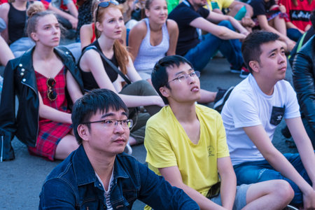 St. Petersburg, Russia - June 27, 2018: Fans watch a football match between Germany and Korea in the...