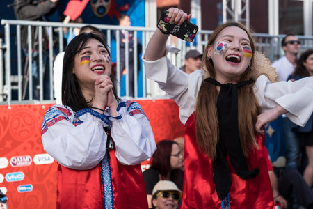 St. Petersburg, Russia - June 27, 2018: Fans watch a football match between Germany and Korea in the...