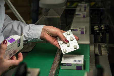 St. Petersburg, Russia - pharmaceutical factory for the production of generic medicines. Clean isolated room. Manufacturing process.のeditorial素材