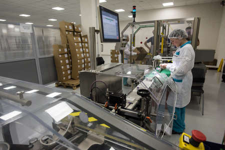 St. Petersburg, Russia - pharmaceutical factory for the production of generic medicines. Clean isolated room. Manufacturing process.のeditorial素材
