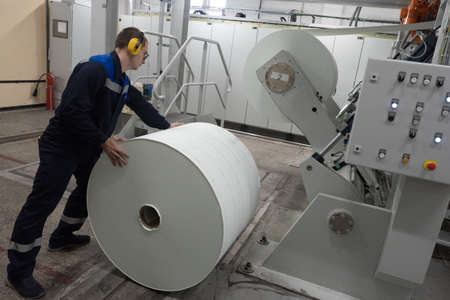 St. Petersburg, Russia - August 30, 2018: Printing workshop of the Mint. Manufacturing of high-tech products from special paper. Rotary printing pressのeditorial素材