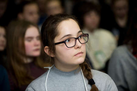 St. Petersburg, Russia - February 7, 2018: The XIV Baltic Scientific Engineering Contest (BNIK). Young talented children, schoolchildren presented their inventions to the jury.のeditorial素材