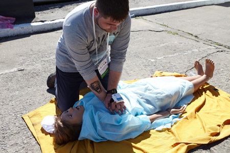 St. Petersburg, Russia - May 12, 2018: contest / exercises on first aid at the pre-hospital stage. A...