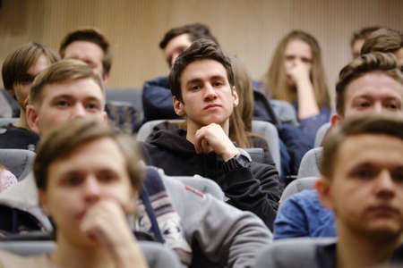 St. Petersburg, Russia - February 18, 2018: Students of the Polytechnic University at a lecture. Listen carefully. Close up of face. Higher education.のeditorial素材