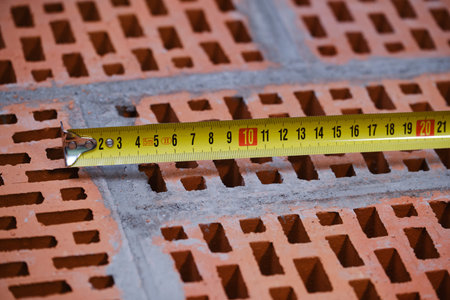 Stage of installation of a chemical anchor in a red building brick with cellular voids....