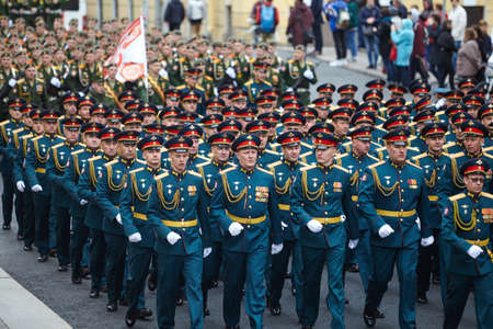 St. Petersburg, Russia - May 5, 2018: Preparatory review of the North-West troops before the parade in honor of the victory in the Second World War over the Nazis of Germany.のeditorial素材