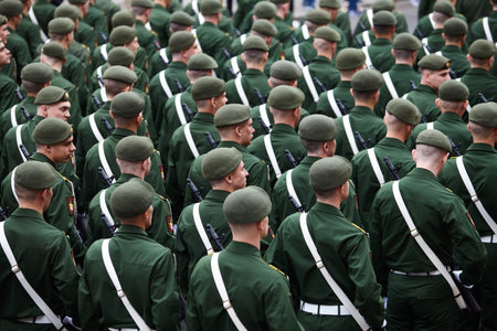 St. Petersburg, Russia - May 5, 2018: Preparatory review of the North-West troops before the parade in honor of the victory in the Second World War over the Nazis of Germany.のeditorial素材