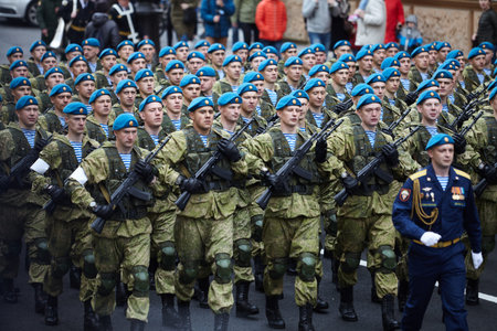 St. Petersburg, Russia - May 5, 2018: Preparatory review of the North-West troops before the parade...