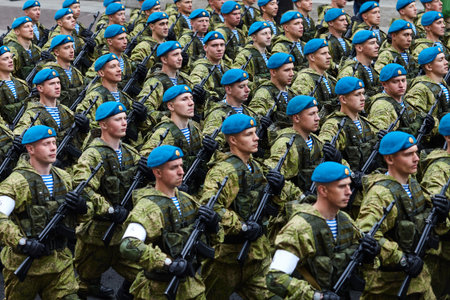 St. Petersburg, Russia - May 5, 2018: Preparatory review of the North-West troops before the parade...
