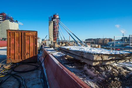 St. Petersburg, Russia - March 5, 2018: The cable-stayed bridge under construction. The final stage...