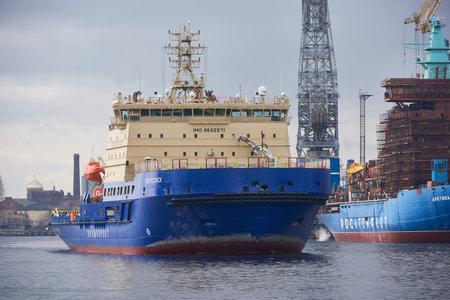 St. Petersburg, Russia - April 27, 2018: Large oceanic icebreaker Novorossiysk in the fairway of the...